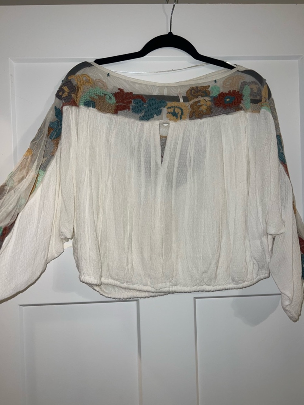 Free People White Peasant Blouse with Floral Yoke